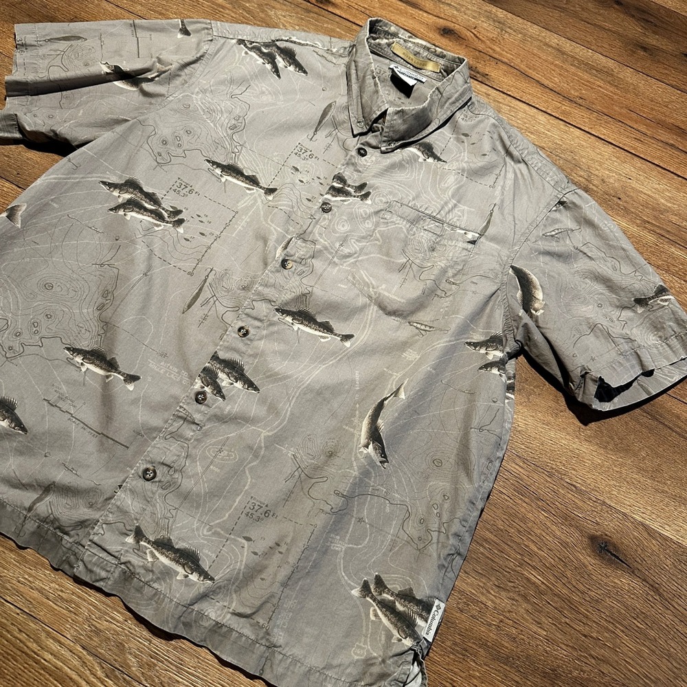 Columbia Grey Fish Map Print River Lodge Shirt Mens XL